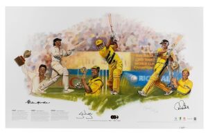 "Master Class ICC Cricket World Cup Champions 1987 - 1999 - 2003" limited edition poster with artwork by Brian Clinton (#121/250), signed by the relevant captains: Allan Border, Steve Waugh, and Ricky Ponting, as well as the artist. With PWC/Legends CoA. 50 x 79cm, mounted.