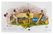 "Master Class ICC Cricket World Cup Champions 1987 - 1999 - 2003" limited edition poster with artwork by Brian Clinton (#121/250), signed by the relevant captains: Allan Border, Steve Waugh, and Ricky Ponting, as well as the artist. With PWC/Legends CoA. 
