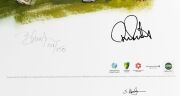 "Master Class ICC Cricket World Cup Champions 1987 - 1999 - 2003" limited edition poster with artwork by Brian Clinton (#121/250), signed by the relevant captains: Allan Border, Steve Waugh, and Ricky Ponting, as well as the artist. With PWC/Legends CoA. - 3