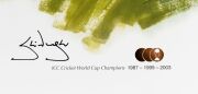"Master Class ICC Cricket World Cup Champions 1987 - 1999 - 2003" limited edition poster with artwork by Brian Clinton (#121/250), signed by the relevant captains: Allan Border, Steve Waugh, and Ricky Ponting, as well as the artist. With PWC/Legends CoA. - 4