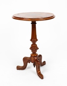 An antique English mahogany occasional table with turned and fluted column base terminating on three cabriole legs, circa 1890, ​​​​​​​68cm high, 48cm wide, 48cm deep