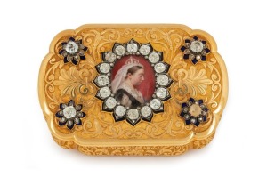 A stunning antique French solid 18ct gold box by LOUIS-FRANCOIS&nbsp;TRONQUOY of Paris. Beautifully crafted with hand-painted portrait on ivory of QUEEN VICTORIA of England, surrounded with enamel and paste stones, 1871. 4cm high, 9.3cm wide, 6.3cm deep, an im