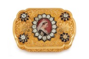 A stunning antique French solid 18ct gold box by LOUIS-FRANCOIS&nbsp;TRONQUOY of Paris. Beautifully crafted with hand-painted portrait on ivory of QUEEN VICTORIA of England, surrounded with enamel and paste stones, 1871. 4cm high, 9.3cm wide, 6.3cm deep, an im