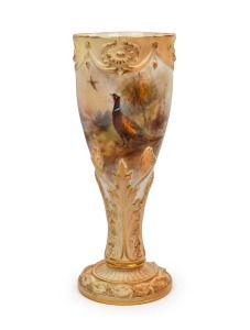 ROYAL WORCESTER antique English porcelain vase hand-painted with pheasants in landscape, signed "STINTON", puce factory mark to base, ​​​​​​​22cm high