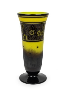ANDR&Eacute; DELATTE&nbsp;French yellow and black Art Deco cameo glass vase with acid etched and wheel cut decoration, circa 1925, signed "A. Delatte, Nancy", 34cm high
