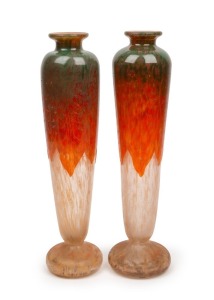 CHARLES SCHNEIDER Le Verre Francais pair of French Art Deco cameo glass vases of tall baluster form in mottled orange and green with stylised&nbsp;sorrel leaf motif, circa 1921, 40cm high