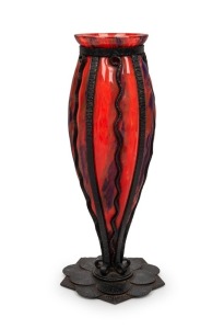 ANDR&Eacute; DELATTE&nbsp;French Art Deco mottled red and violet glass vase, hand-blown into wrought iron base, circa 1925, 35cm high