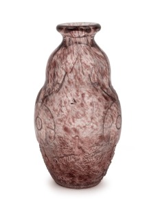 DEGU&Eacute;&nbsp;French Art Deco mottled violet glass vase designed by &Eacute;douard Cazaux, with deep acid etched and wheel cut floral decoration, circa 1925, acid etched signature "Degu&eacute;, Made in France", 17cm high