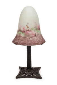 MULLER FR&Egrave;RES&nbsp;French Art Deco table lamp with mottled frosted glass shade and wrought iron base, circa 1920s, shade signed "Muller Fr&egrave;res, Luneville", 48cm high