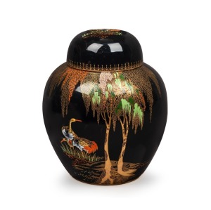 CARLTON WARE "New Storks" Noire Royale English Art Deco porcelain ginger jar, circa 1940, black factory mark to base with remnants of paper label, 27cm high