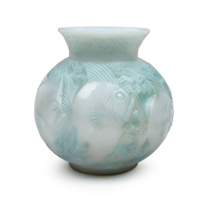 PIERRE D'AVESN&nbsp;French Art Deco opalescent glass vase with fish motif and remains of original blue staining, circa 1930, signed "P. D'Avesn", 27cm high, 25cm wide