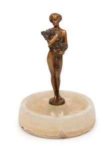 JOSEF LORENZL&nbsp;(1892-1950)&nbsp;Austrian Art Deco gilt bronze female nude clutching a bouquet of roses, mounted on white onyx dish base, circa 1930, signed on the base of the bronze "Lorenzl", 19+cm high, 13cm diameter