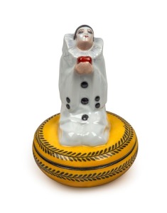 JOSEPH GAZAN (1891-1985) French Art Deco figural powder bowl with Pierrot top, circa 1925, signed "Gazan" on the lid and monogram to the base "S.E.G.B." (Soci&eacute;te Etling Galerie B&eacute;ranger), 20cm high
