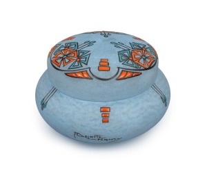 ANDR&Eacute; DELATTE French Art Deco frosted blue glass lidded box with enamel stylised floral motif, circa 1925, signed "A. Delatte, Nancy", 9cm high, 14cm wide