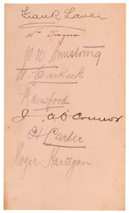 An autograph page featuring seven of the Australian 1909 tourists including Laver, Armstrong, Carkeek, O'Connor and Carter; unusually also signed by Bill Ferguson, the scorer.