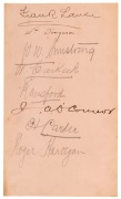 An autograph page featuring seven of the Australian 1909 tourists including Laver, Armstrong, Carkeek, O'Connor and Carter; unusually also signed by Bill Ferguson, the scorer.