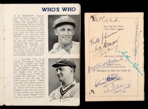THE AUSTRALIANS IN ENGLAND 1938: An official Orient Line "AUSTRALIAN XI ENGLISH TOUR 1938" itinerary booklet with original pen signatures of 16 in the Australian touring party (McCormick has not signed); together with a menu card for a luncheon on 30th May 1948 at the Nottingham Cricket Club, signed by the 1948 Invincibles and others who were present at the event. (2 items).