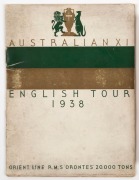 THE AUSTRALIANS IN ENGLAND 1938: An official Orient Line "AUSTRALIAN XI ENGLISH TOUR 1938" itinerary booklet with original pen signatures of 16 in the Australian touring party (McCormick has not signed); together with a menu card for a luncheon on 30th Ma - 7