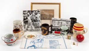 CERAMICS: A Mintons "MCC 1787 - 1937" barrel-shaped tankard; a Carlton Ware "ducks at cricket" design coffee mug; a Tunstall "cricketing animals" saucer; plus several later items and non-ceramic cricket collectables including a signed ball and 2 signed photos of Graeme Pollock. (Total: 17)
