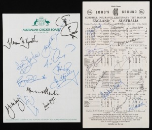 The 1980 Centenary Test at Lords: A completed score card which has been signed in ink by members of both teams including Greg Chappell, Geoff Boycott, Len Pascoe and Mike Gatting; also, a circa 1995 Australian team's signatures on an ACB letterhead including Glenn McGrath, Mark Taylor, David Boon and Jo Angel. (2 items).