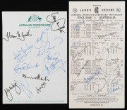 The 1980 Centenary Test at Lords: A completed score card which has been signed in ink by members of both teams including Greg Chappell, Geoff Boycott, Len Pascoe and Mike Gatting; also, a circa 1995 Australian team's signatures on an ACB letterhead includ