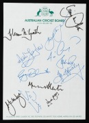 The 1980 Centenary Test at Lords: A completed score card which has been signed in ink by members of both teams including Greg Chappell, Geoff Boycott, Len Pascoe and Mike Gatting; also, a circa 1995 Australian team's signatures on an ACB letterhead includ - 2