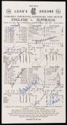 The 1980 Centenary Test at Lords: A completed score card which has been signed in ink by members of both teams including Greg Chappell, Geoff Boycott, Len Pascoe and Mike Gatting; also, a circa 1995 Australian team's signatures on an ACB letterhead includ - 3