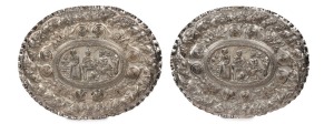ELKINGTON pair of antique electrotype oval plaques of Aesop's Fable "The Satyr In The Inn", 19th century, 71cm wide
