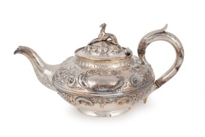 A Georgian sterling silver teapot with greyhound finial, by Charles Gordon of London, circa 1813, 14cm high, 27.5cm wide, 668 grams