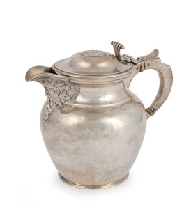 A Scottish sterling silver jug with Queen Anne silver coin set into the lid, made by Edward & Sons of Glasgow, 13cm high, 488 grams