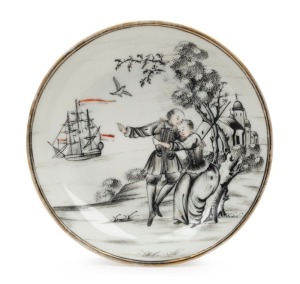 An antique Chinese porcelain dish depicting a European scene with Dutch tall ship, church and figures, 18th century, 12cm diameter