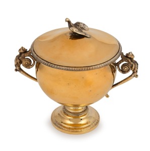 A fine quality antique French silver gilt cup and cover with angel handles and dove finial, 19th/20th century, 13.5cm high, 318 grams total