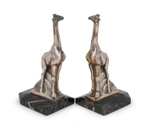 A pair of French Art Deco&nbsp;bronze giraffe bookends with silvered finish and marble bases, circa 1920s, signed "Frecourt", 18.5cm high each overall
