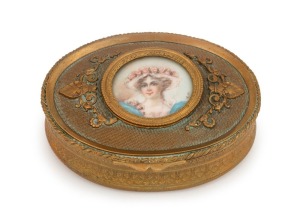 An antique French gilt bronze oval jewellery casket with hand-painted portrait of a lady to the lid, 19th century, 9.5cm wide