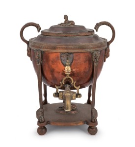 An Egyptian Revival antique English hot water urn in copper and brass, circa 1820, 28cm high