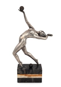 PIERRE LE FAGUAYS (attributed) French silvered bronze dancing female nude figure with ball, on black marble and onyx base, circa 1925, 35.5cm high overall
