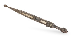 Cossack antique dagger with fine quality silver and niello work, adorned with carved ivory with gold highlights, 19th/20th century, ​​​​​​​52.5cm long overall in scabbard