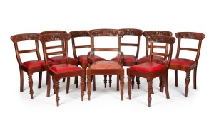 A set of nine Australian cedar spade back dining chairs comprising eight standards and one carver chair, each handsomely decorated with kangaroos and wildflowers, 20th century,
