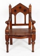 An antique Australian cedar Gothic throne chair with carved decoration, Bendigo origin, mid 19th century, 118cm high, 72cm wide, 60cm deep. - 2