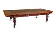 BANK OF VICTORIA BOARD ROOM Impressive antique Australian cedar library table attributed to GEORGE THWAITES of Melbourne, with handsomely turned legs and carved decoration, six drawers and green leather top, circa 1860, 76cm high, 306cm wide, 147cm deep