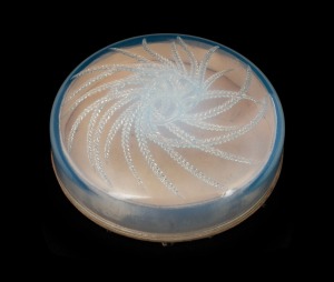 LALIQUE&nbsp;opalescent&nbsp;French glass powder box with original silk and card base, stamped "R. Lalique", 14cm diameter