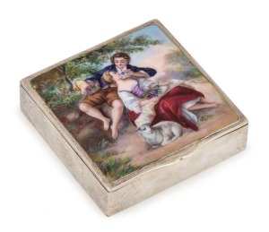 An antique Continental silver box with a fine quality enamel romantic scene to the top, 19th century, 6.5cm wide, 113 grams