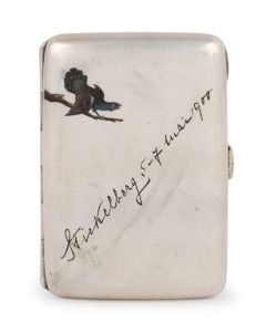 An antique Austro-Hungarian silver cigarette case with enamel bird decoration and engraved signatures and inscription dated 1900, 9cm wide, 106 grams
