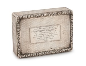 A Georgian sterling silver snuff box with engraved dedication "Presented To Mr. Wm. T. MARSHALL By His Pupils As A Token Of Their Esteem For Him, As A Talented, Assiduous&nbsp;And Successful Teacher. Rutherglen Town School, 1835." 8.5cm wide, 112 grams