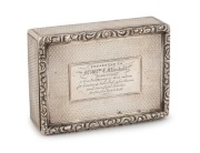 A Georgian sterling silver snuff box with engraved dedication "Presented To Mr. Wm. T. MARSHALL By His Pupils As A Token Of Their Esteem For Him, As A Talented, Assiduous&nbsp;And Successful Teacher. Rutherglen Town School, 1835." 8.5cm wide, 112 grams