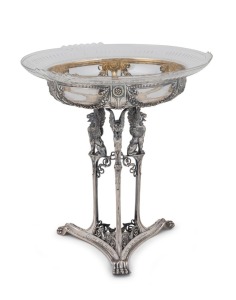 W.M.F. fine quality antique German silver plated centre piece in the Neo-Classical style with paw feet and griffin mounts, bearing 1907 inscription to the base, with original cut crystal liner, circa 1900, 35cm high, 32cm diameter