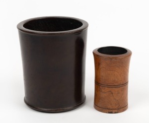 Two antique Chinese timber brush pots, Qing Dynasty, 18th/19th, 9.5cm and 12.5cm high