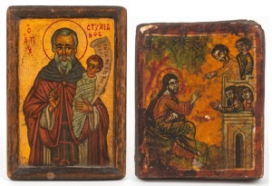 Two hand-painted icons, unknown origin and age, 19cm and 15cm high
