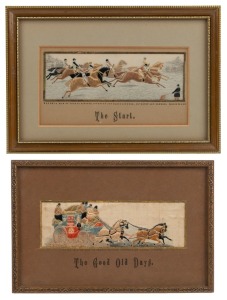 STEVENGRAPHS. Two framed examples, titled "The Good Old Days" and "The Start", one with original label verso, 19th century, the larger16 x 23cm overall