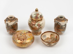 SATSUMA Japanese earthenware lidded vase, bowl, circular box and pair of miniature vases, Meiji Period, 19th/20th century, (5 items), the largest 13.5cm high
